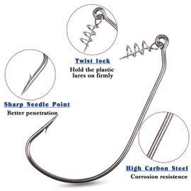 Twistlock Fishing Hooks 50pcs Worm Hooks with Centering Pin Spring Unweighted Swimbait Hooks for Soft Plastic Lures Baits Bass Fishing (4/0-50pcs)
