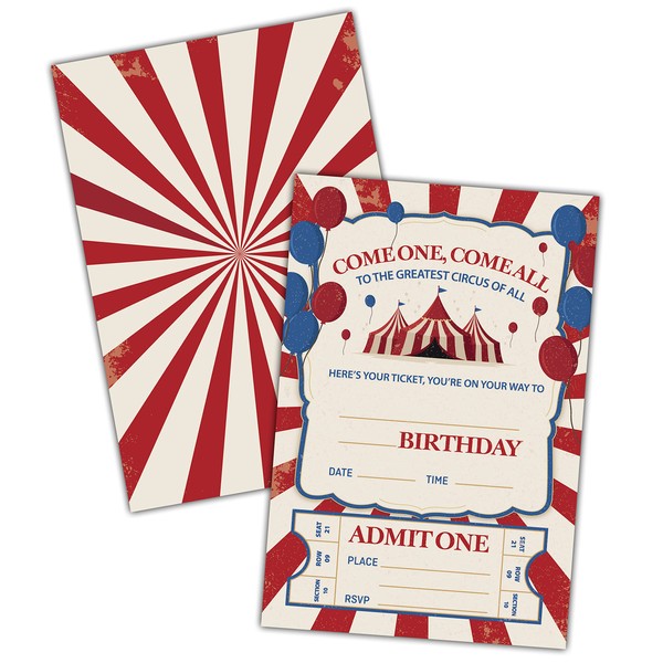 Circus Birthday Party Invitation - Carnival Birthday Invites - Bday Invite Ideas For Girls Boys Adult Kids - 20 Fill-in Invitation Cards With 20 Envelopes (invite C006)