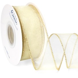 Ribbli Ivory Organza Wired Ribbon, 1-1/2 Inch x 20 Yards, Gold Metallic Edge, Christmas Tree & Wedding Decoration