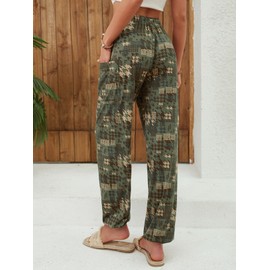 QIANXIZHAN Women's Harem Pants, Hippie Palazzo Pants Boho Joggers Yoga Clothes with Pockets Camouflage Green M