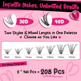 PRO DIY Lash Extension Kit 280pcs Lash Clusters D Curl Eyelash Extension Kit Individual Lashes with Lash Bond and Seal Lash Applicator Easy to Apply at Home(30D+40D-9-15mix Kit)