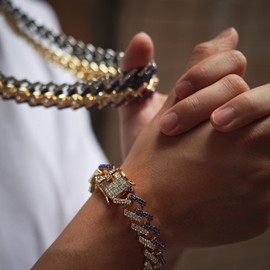 Halukakah Diamond Gold Chain Cuban Chain for Men 13 mm 18 Carat Real Gold-Plated / Platinum White Gold Collar Necklace, Multicoloured FUJI Mountain Blue/Red/Black/Clear Laboratory Diamonds, Gift for