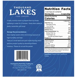 Thousand Lakes Freeze Dried Vegetables - Cauliflower Florets and Stems 2-pack 0.8 ounces (1.6 ounces total) | No Salt Added