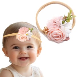 Kenjudess Baby Girl Floral Headbands Elastic Nylon Flower Crown Hairbands Fabric Leaves Head Wrap for Newborn Toddler Infant Hair Accessories (Pink 3, Standard Small)