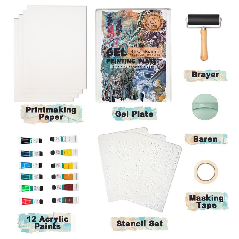 BuzzBright Gel Printing Plate kit, Complete Printmaking Set with 8”X10”
