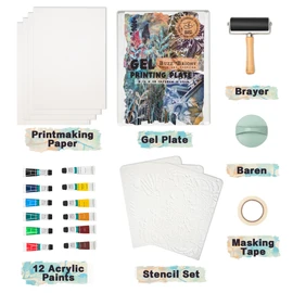 BuzzBright Gel Printing Plate kit, Complete Printmaking Set with 8”X10” Gelatin Plate, Brayer, Printmaking Paper, Acrylic Paint and Essential Tools for Mixed Media Art, Monoprinting, Card Making