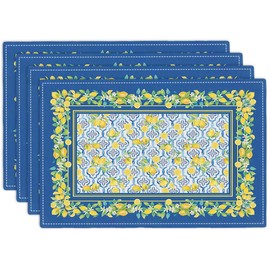 Lemon Placemats Set of 4, Farmhouse Blue Yellow Fruits Spring Summer Double-Sided Table Mats for Kitchen Dining Room Home Party Indoor Decor 4 PCS 12x18 Inch