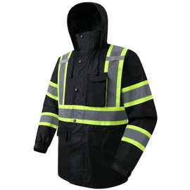 JKSafety Hi-Vis Reflective Safety Rain Jacket for Men Women Waterproof Rain Gears for Farming Fishing Work HV Rain Jacket with Inner Mesh Lining and Pockets (117A-Black 3XL)