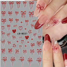 Heart Bow Nail Art Stickers Black White Red Pink Ribbons Bows Nail Decals 3D Self-Adhesive Sticker Pegatinas para Uñas Designer Nail Sticker for Nail Art Women DIY Decoration Accessories 4 Sheets