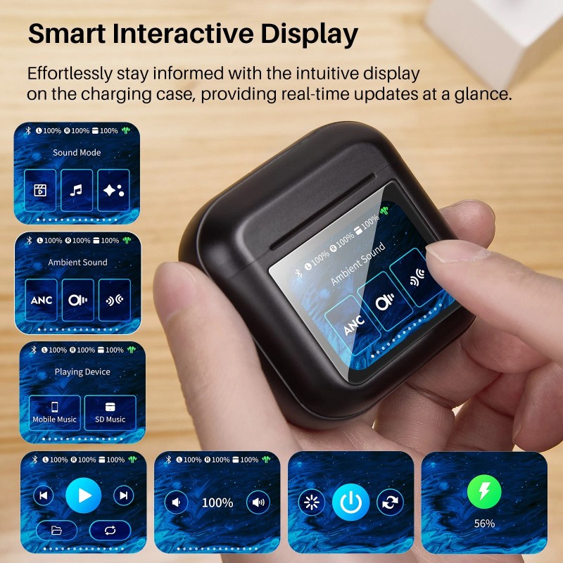 Anybuds Vivid 1.75" Touch Screen Wireless Earbuds ANC Noise Cancellation