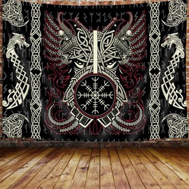 Ptrxobj Viking Norse Tapestry, Cool Dragon Phoenix Tapestry Wall Hanging For Men Bedroom, Retro Norwegian Mythology Pagan Celtic Black Tapestries Poster Blanket College Dorm Home Decor 60X40Inches