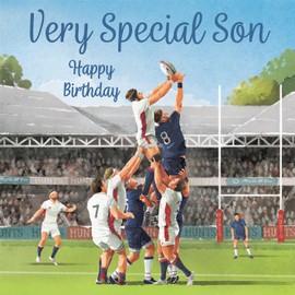 Hunts England - Son Rugby Fun Birthday Card - Milo's Gallery - Sport Birthday Card For Son - Birthday Card For Rugby Fan Son - For Boys, Men, Kids, Adults