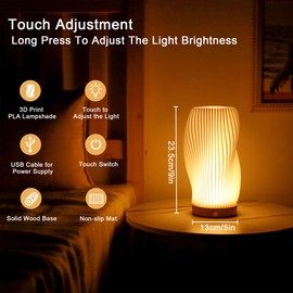 JHY DESIGN Dimmable Touch Table Lamp 3-Color Light Source Bedside Lamp Nightstand Lamp with Type-C Charging Woodbase for Bedroom Living Room Indoors(Spiral Shape)
