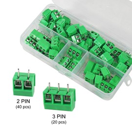 60pcs 2 Pin & 3 Pin 5mm/0.2inch Pitch PCB Mount Screw Terminal Block Connector (Can be Spliced) with Special Screwdriver for Arduino and Home Electronics Projects-Green