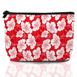 Red White Hibiscus Flower Cosmetic Bags for Women,Hawaiian Small Makeup Bag for Purse Travel Toiletry Bag Make up Accessories Organizer Zipper Pouch Gift Idea