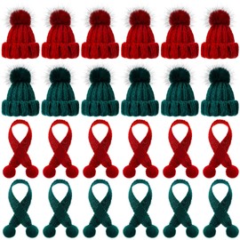Bencailor Mini Knitting Hats and Mini Christmas Scarf Set, Mini Knitting Doll Hat Scarf Santa Knit Hat Scarf Christmas Tree Ornaments for DIY Craft Art Doll Decoration (Red, Green,24 Pcs)