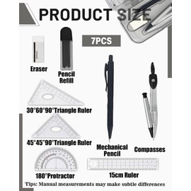 TPZORJX 7-Piece Geometry Set, Compass Set, Geometry Compass Sets, Math Set, Learning Accessories, Drawing Compass and Protractor, Pencil Leads, Pencil, Eraser, Rulers for School
