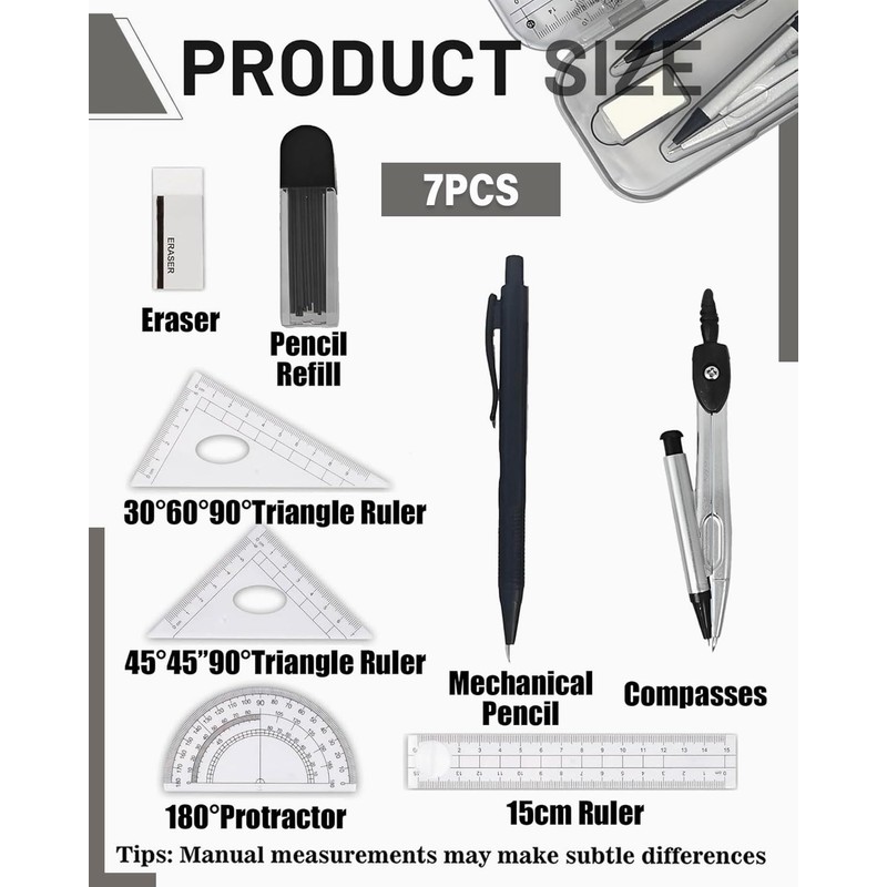 TPZORJX 7-Piece Geometry Set, Compass Set, Geometry Compass Sets, Math