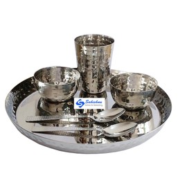 Sahishnu Online And Marketing Stainless Steel Hammer Style Dinner Set, Indian Dinnerware, Traditional Indian Dinner Set of Thali,Bowls, Glass and Spoons