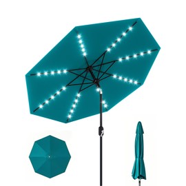 GarveeLife 10 Ft Patio Umbrella with Solar Lights, 8 Ribs Outdoor Market Table Umbrella with 40 LED Lights & Tilt Crank for Pool, Deck, Backyard, Turquoise Blue