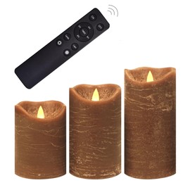CANDLE CHOICE Real Wax Battery Operated Flameless Candles with Remote Automatic Daily Cycle Timer Realistic Flickering Electric LED Pillars Wedding Party Holiday Decoration 3 Pack Rustic Texture Brown