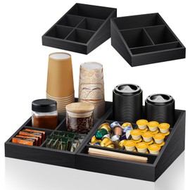 MINCORD Coffee Station Organizer Coffee Condiment Service Tray with 9 Compartment for Counter, Wood Coffee Bar Supplies Organizer for Home Office Breakroom Two-in-One Black