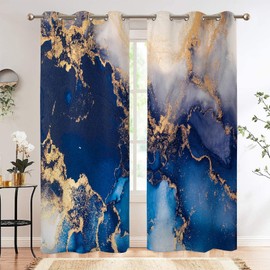 Renaiss Blue Gold Marble Blackout Curtains, Modern Deep Blue Marble Room Darkening Curtains for Bedroom, Modern Luxury Window Curtains for Living Room, 29Wx45L inch 2 Panels Set