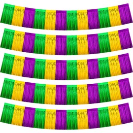 Yuxung 5 Pack 20 Feet Mardi Gras Foil Fringe Garland Green Yellow Purple Parade Float Decorations Metallic Tinsel Foil Streamers Curtain Photo Background for Mardi Gras Carnival Wedding Birthday Party