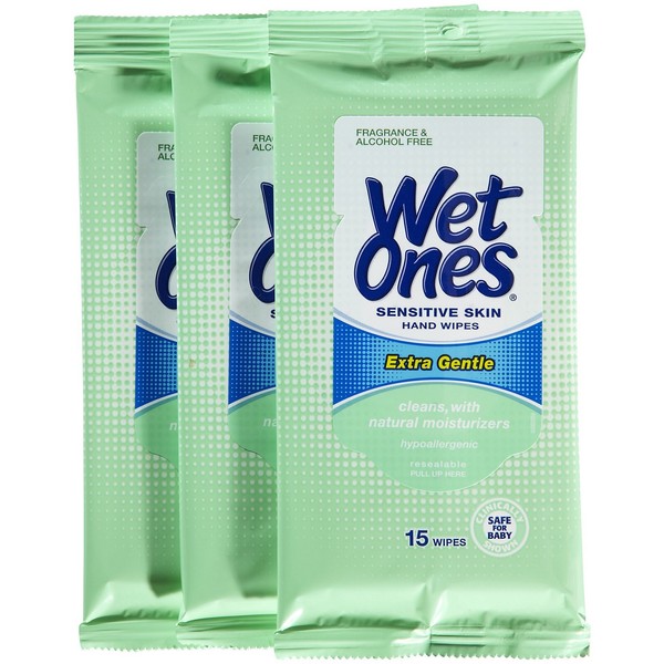 Wet Ones Sensitive Skin Hand and Face Moist Wipes, Travel - 15 ct - 3 pk