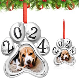 Karenhi 2 Pcs 2024 Puppy First Christmas Dog Ornaments Memorial Picture Ornament Puppy Paw Photo Frame Dog Christmas Tree Hanging Ornament Pet Remembrance Metal Photo Frame Ornament Gift for Loss