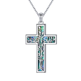 HOOHWE Cross Necklace for Women 925 Sterling Silver Tree of Life Pendant Necklaces with Abalone Shell Christian Religious Jewelry for Women Men
