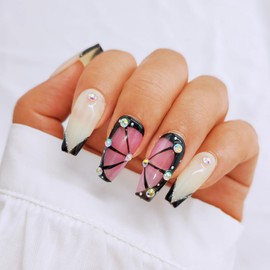 FlyingRabbit handmade press on nails almond short,10 pcs fake nails with designs,FlyingRabbit high hardness acrylic nails press ons,3d cute false nails for women-Diamond Butterfly(M)