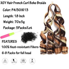 XGY Hair French Curly Braiding Hair 18 Inch 5 Packs French Curl Braids Pre Stretched Bouncy Braiding Loose Wavy Braid Synthetic Hair Extensions For Women (P4/30/613, 18inch)