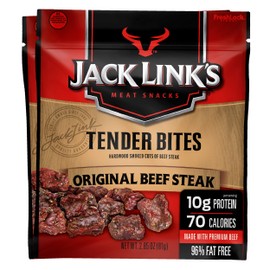 Jack Link’s Beef Tender Bites, Original Beef Steak, 2.85 oz Bag, Pack of 2 – On-the-Go, Poppable Meat Snack, Good Source of Protein, Made with 100% Beef, 10g of Protein Per Serving