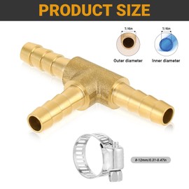 2Pcs 1/4" x 1/4"x 1/4" Brass Tee,Brass Hose Barb Tee T-Shaped 3 Ways Union with 6pcs Stainless Steel Pipe Clamps for Water/Fuel/Air