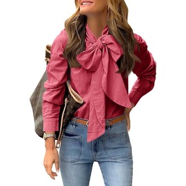 Cicy Bell Womens Plaid Shirts Bow Tied Neck Button Down Long Sleeve Casual Dressy Blouse Tops Red