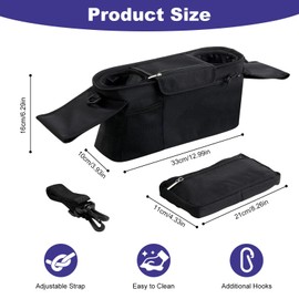 Baby Stroller Organiser Bag, Universal Fit with Insulated Cup Holders & Detachable Zippered Pocket, Adjustable Shoulder Strap, Large Capacity for Baby Essentials, Black