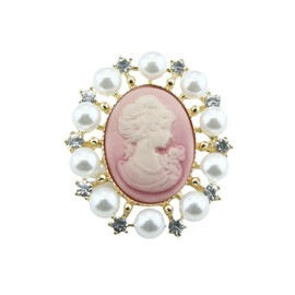 Rhinestone Pearl Cameo Brooch Pin for Women Girls Fashion Dainty Gold Plated Shell Pearls Crystal Wreath Carved Pink Victorian Lady Brooches Lapel Pins Vintage Dress Accessories Party Jewelry