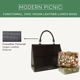 Modern Picnic Vegan Leather Large Lunch Bag for Women, Cooler Lunch Bag for Girls, Easily Wipeable, Adjustable Shoulder Strap, Women’s Lunch Bags for Work/Office/Outdoor, Black As Seen on Shark Tank