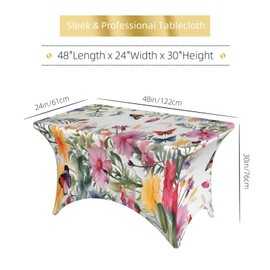 Spring Flower Butterfly Spandex Tablecloth for Rectangular Tables, Fitted Tablecloth 4FT Stretch Spandex Table Covers for Folding Tables, Wrinkle Resistant Table Protector for Party Weddings BBQ