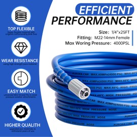AURORA CAR Pressure Washer Hose 25 FT x 1/4"，Kink Resistant Power Washer Hose with M22-14mm and 3/8" Quick Connection Kit，4000 PSI Replacement Power Washer Hose for Electric & Gas