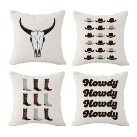 FULSOE Preppy Howdy Wild Western Cowboy Boots Hat Cow Skull Throw Pillow Case Cover 18"x18" Set of 4,Beige Preppy Trendy Decorations for Home Girls Bedroom Dorm Office,Gifts for Teen Girls