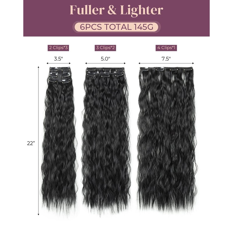 LONAI Clip In Hair Extensions, 6PCS 24" Black Hair Extensions