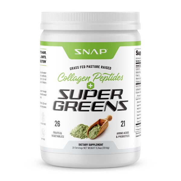 Super Greens Supplement Powder with Collagen Peptides - 26 Superfoods + Vitamins - Grass Fed, Non-GMO Greens Superfood Powder for Hair, Skin, Nails & Joint Support (30 Servings)