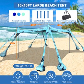 Wabolay Beach Tent Canopy Pop Up Shade 10x10ft Sun Shelter Portable Family UPF50+ with 8 Sandbags-2 Sand Shovel-4 Aluminum Poles-Ground Pegs-Carrying Bag for Outdoor Camping Fishing Backyard Picnic