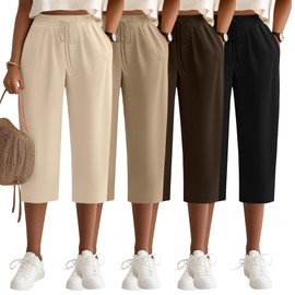 Neer 4 Pack Women's Capri Pants, Cotton Drawstring Yoga Capri Sweatpants Summer Lounge Loose Fit Cropped Pants with Pockets(Black, Brown, Khaki, Apricot,Small)
