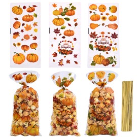 fjygwx13 50pcs Thanksgiving Cello Treat Bags Candy Cellophane Gift Bags Christmas Party Favor Fall Goodie Clear Plastic Bags Gold Twist Ties Supplies 3 Styles