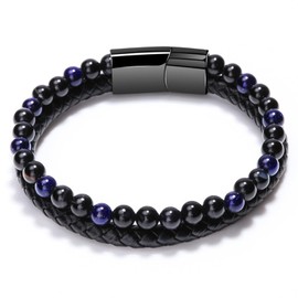 Pulseras para Hombres QWONEKOU,Dobles Pulsera de Cuero Cristales para Hombre,Regalo de Joyería para Hombres y Adolescentes – Joyería de Moda 30025BL