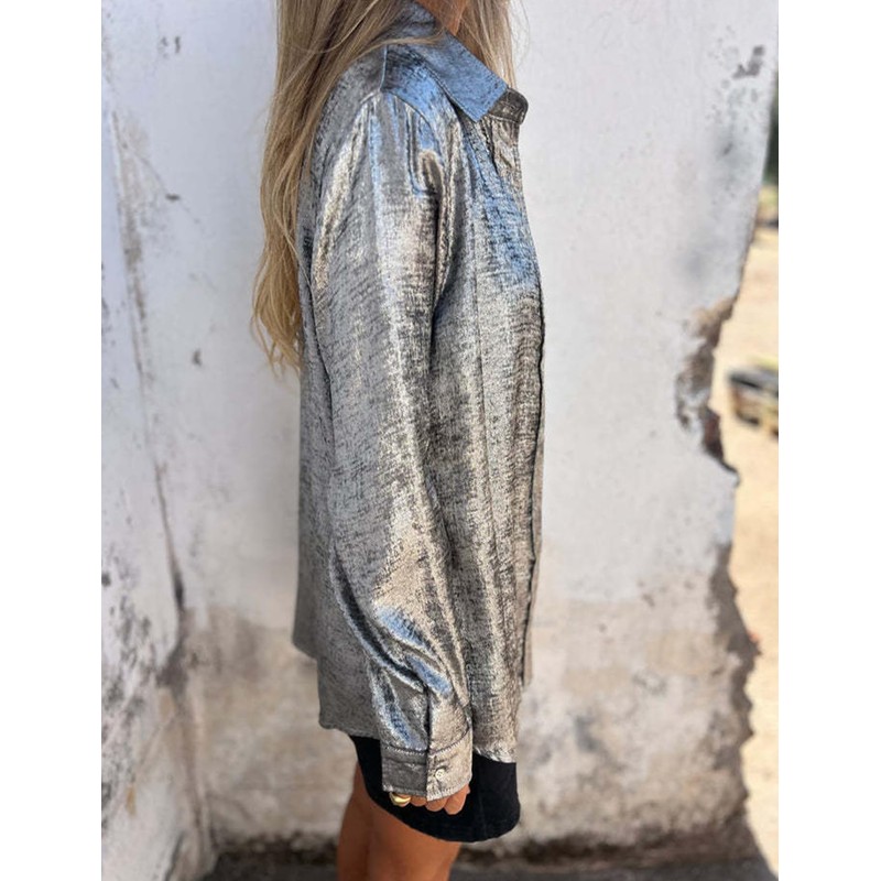 Gihuo Women's Metallic Button Down Shirts Long Sleeve Sparkly Blouse