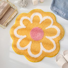 Cute Bath Mat, Soft Fluffy Flower-Shaped Bath Mat Rugs Made of Microfibre, Water Absorbent Non-Slip Entrance Door Mat for Toilet Bath Shower Bathroom Mat 65 cm x 65 cm (Yellow)